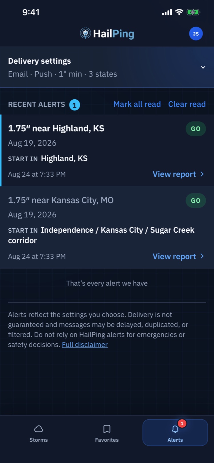 The HailPing app alert inbox showing recent hail alerts with delivery settings for email, push, minimum hail size, and states