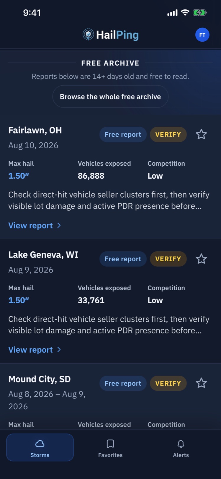The HailPing app free archive listing past storm reports marked free to read