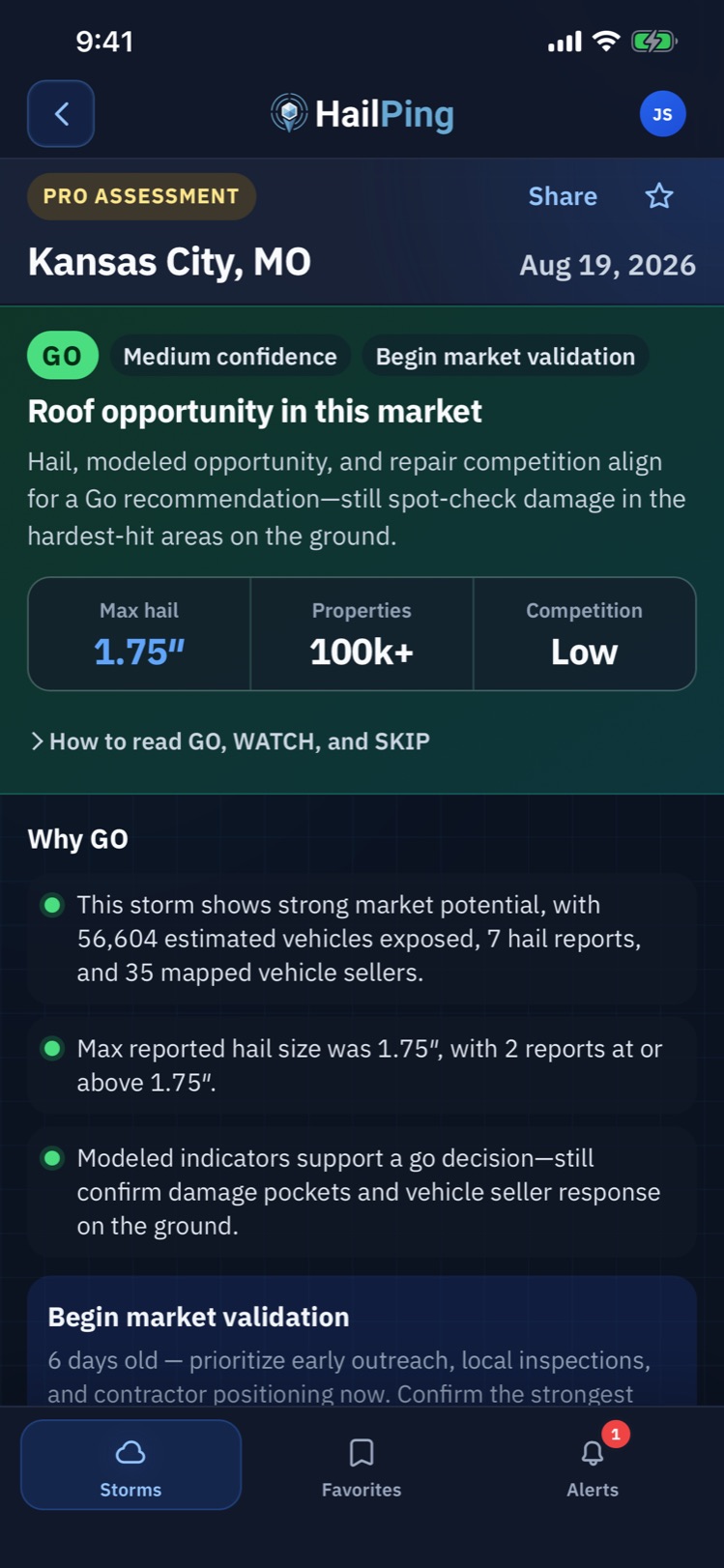 A HailPing Pro assessment for Kansas City with a GO badge, max hail size, property count, and competition level