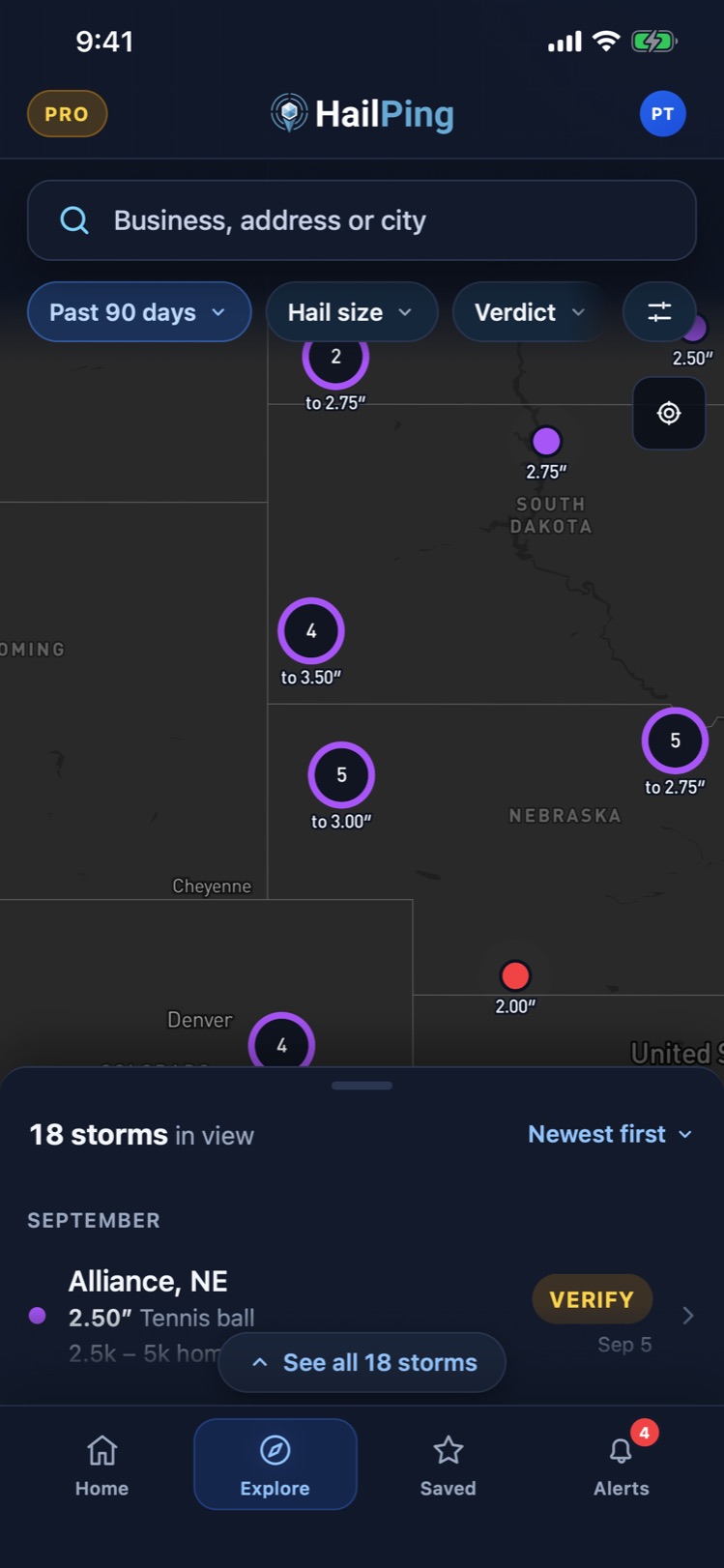 Explore map zoomed in on one cluster, with 18 storms in view