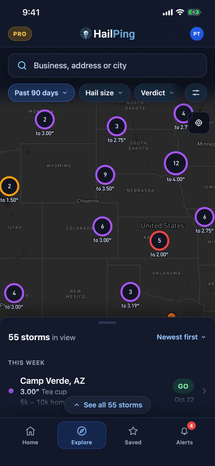 Explore map showing grouped hail storms across the United States