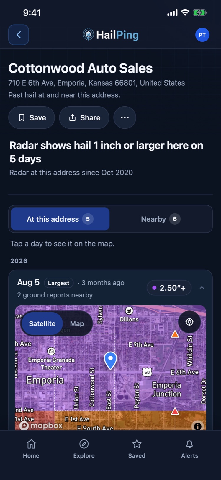 HailPing Address Lookup for a car lot in Emporia, Kansas: radar shows hail 1 inch or larger there on 5 days since October 2020, the newest, Aug 5, also the largest at 2.50 inches or more, with a map of the radar-estimated hail