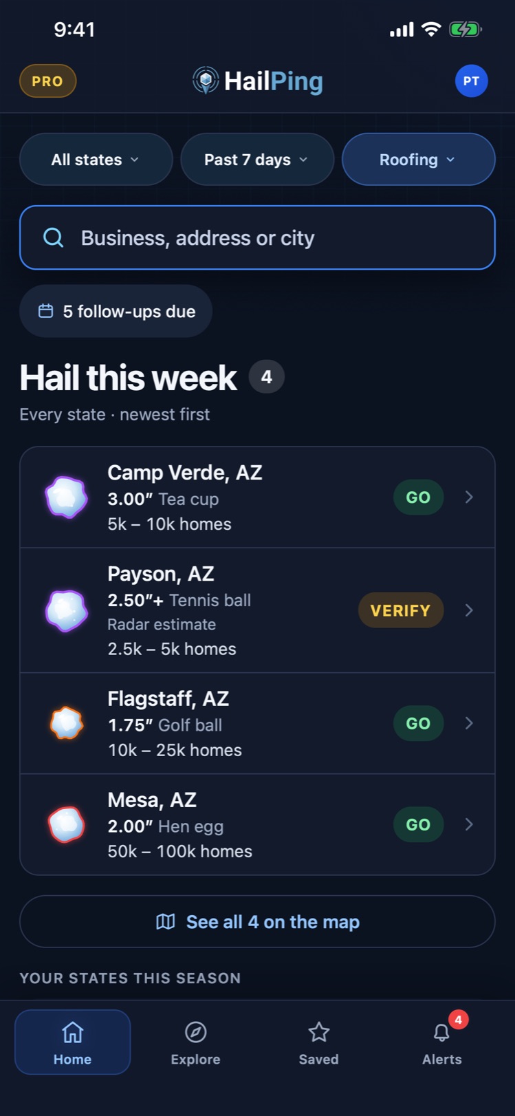 HailPing home screen listing this week’s hail storms with the call on each