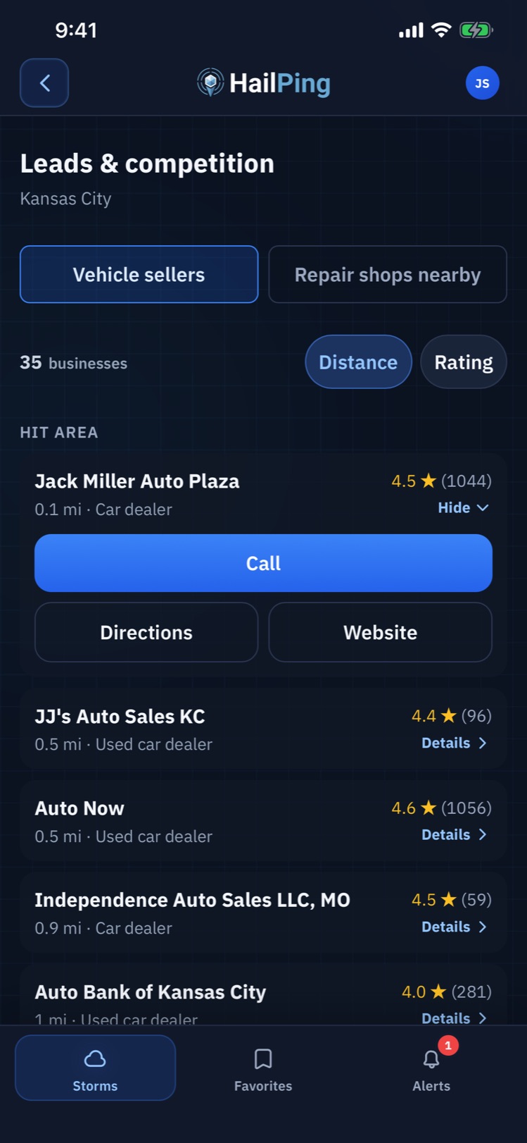 The HailPing app listing vehicle sellers in a hit area with ratings and call, directions, and website buttons