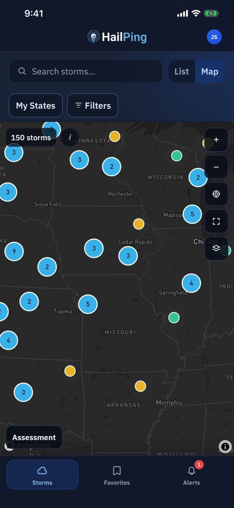 The HailPing app showing mapped hail storms across the Midwest, with search, state, and assessment filters
